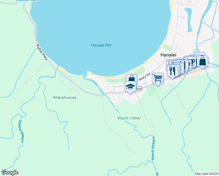 map of restaurants, bars, coffee shops, grocery stores, and more near 4421 Anae Road in Hanalei