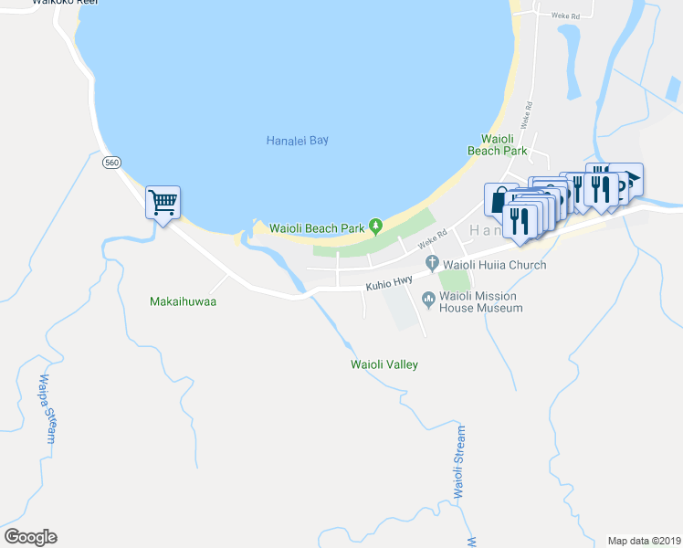 map of restaurants, bars, coffee shops, grocery stores, and more near 4421 Anae Road in Hanalei