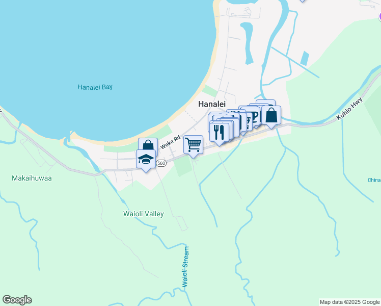 map of restaurants, bars, coffee shops, grocery stores, and more near 5314 Kuhio Highway in Hanalei