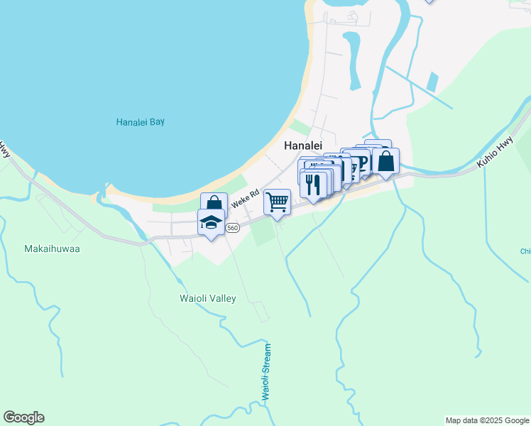 map of restaurants, bars, coffee shops, grocery stores, and more near 5314 Kuhio Highway in Hanalei