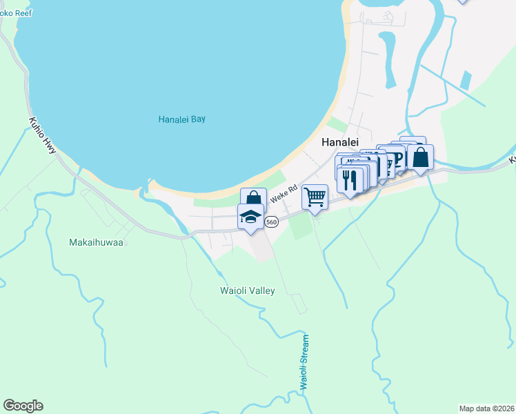 map of restaurants, bars, coffee shops, grocery stores, and more near 5410 Weke Road in Hanalei