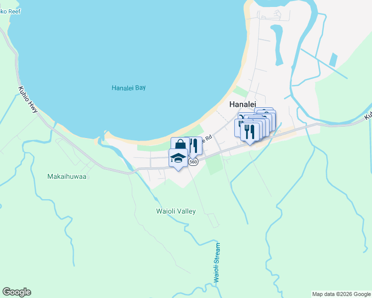 map of restaurants, bars, coffee shops, grocery stores, and more near 4378 Hee Road in Hanalei