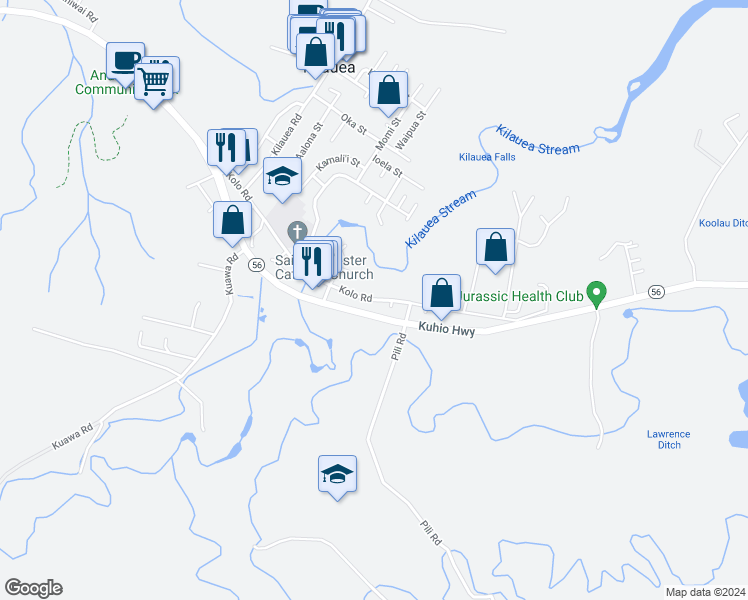 map of restaurants, bars, coffee shops, grocery stores, and more near Kolo Road in Kilauea