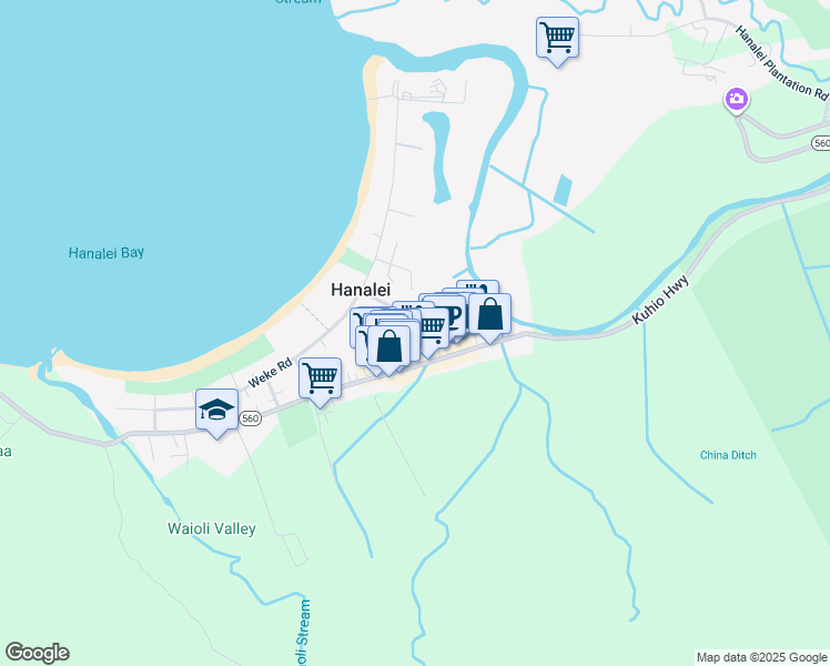map of restaurants, bars, coffee shops, grocery stores, and more near 4465 Aku Road in Hanalei