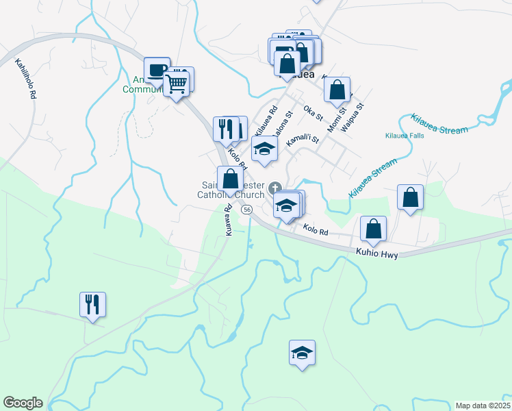 map of restaurants, bars, coffee shops, grocery stores, and more near Malulani Place in Kilauea