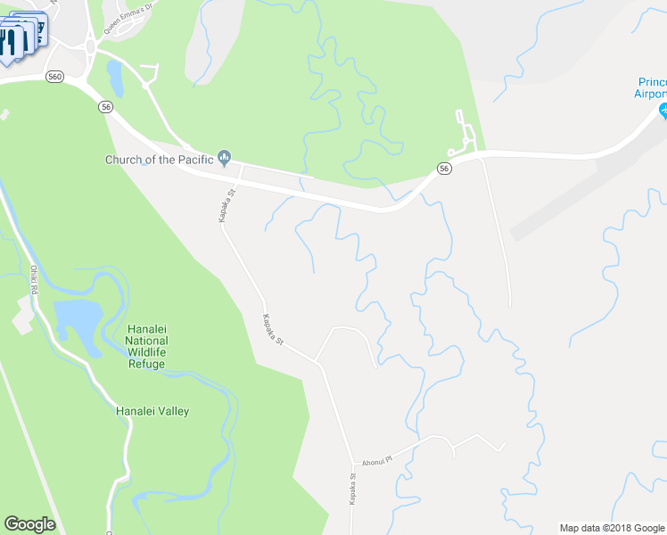 map of restaurants, bars, coffee shops, grocery stores, and more near 4873 Kapaka Street in Princeville