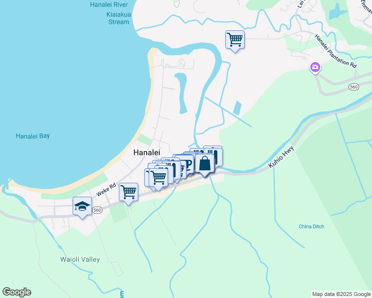 map of restaurants, bars, coffee shops, grocery stores, and more near 4495 Pilikoa Street in Hanalei