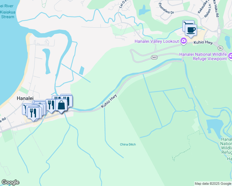 map of restaurants, bars, coffee shops, grocery stores, and more near Kuhio Hwy in Kilauea