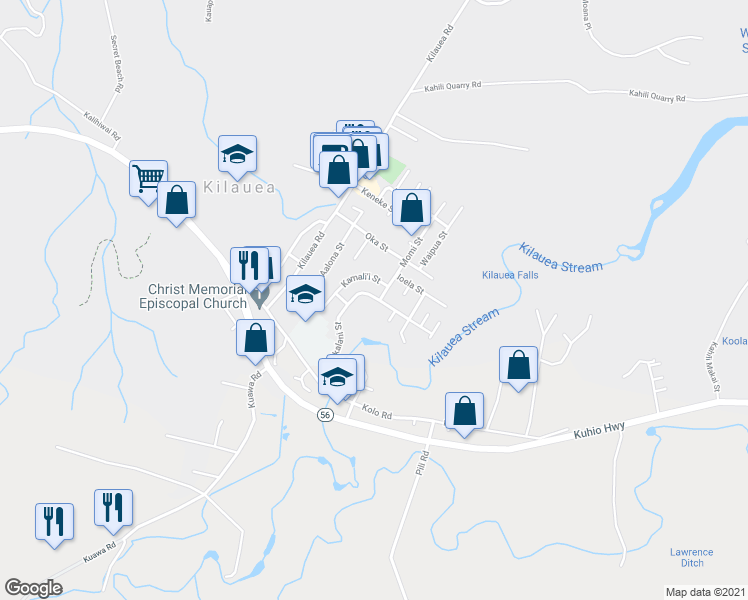 map of restaurants, bars, coffee shops, grocery stores, and more near 2315 Liliuokalani Street in Kilauea