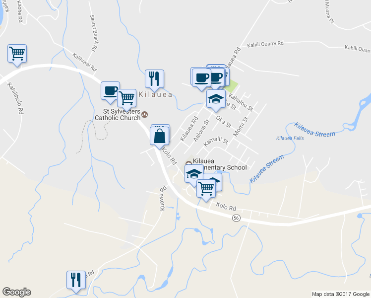 map of restaurants, bars, coffee shops, grocery stores, and more near 4412 Aalona Street in Kilauea