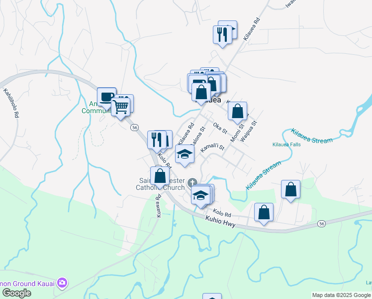 map of restaurants, bars, coffee shops, grocery stores, and more near 4412 Aalona Street in Kilauea