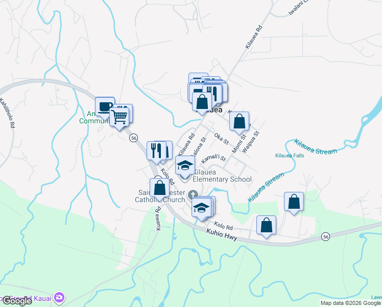 map of restaurants, bars, coffee shops, grocery stores, and more near 4346 Kilauea Road in Kilauea