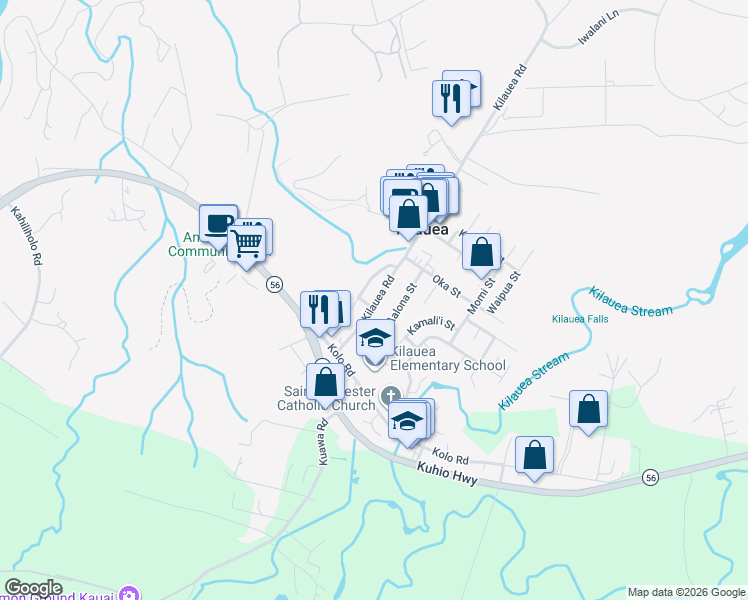 map of restaurants, bars, coffee shops, grocery stores, and more near 4346 Kilauea Road in Kilauea