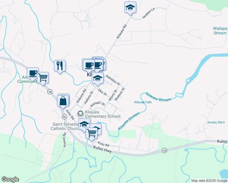 map of restaurants, bars, coffee shops, grocery stores, and more near 2345 Keneke Street in Kilauea