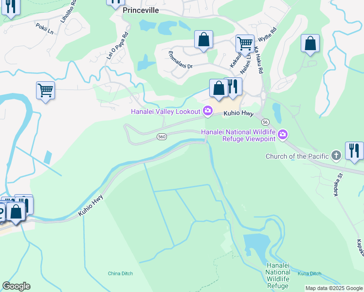 map of restaurants, bars, coffee shops, grocery stores, and more near Hawaii 560 in Princeville