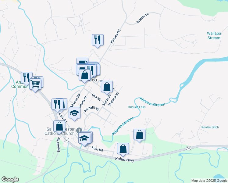 map of restaurants, bars, coffee shops, grocery stores, and more near 4208 Waipua Street in Kilauea