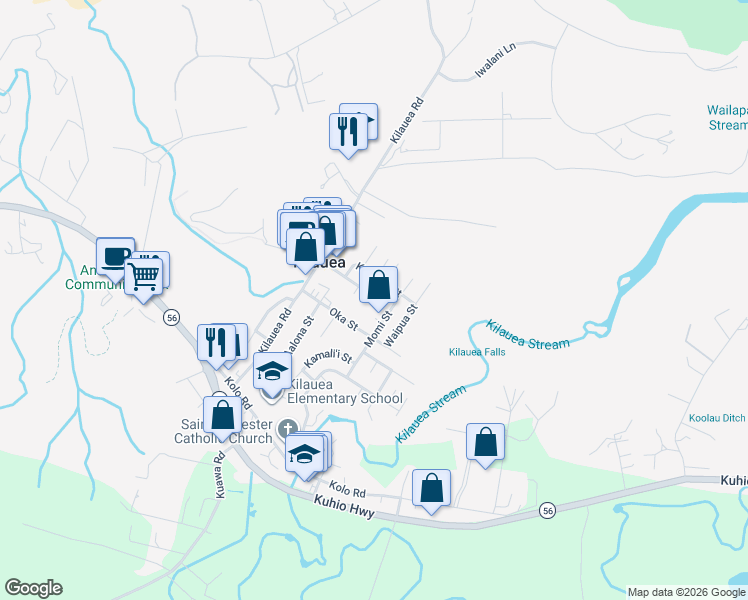 map of restaurants, bars, coffee shops, grocery stores, and more near 2345 Keneke Street in Kilauea