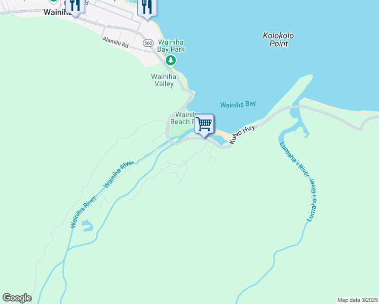 map of restaurants, bars, coffee shops, grocery stores, and more near 4560 Anahulu Road in Hanalei