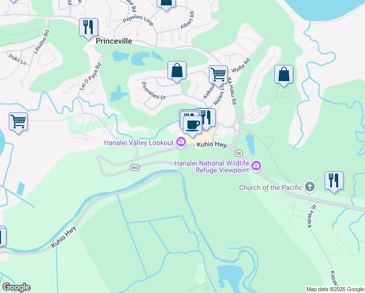 map of restaurants, bars, coffee shops, grocery stores, and more near Hawaii 560 in Princeville