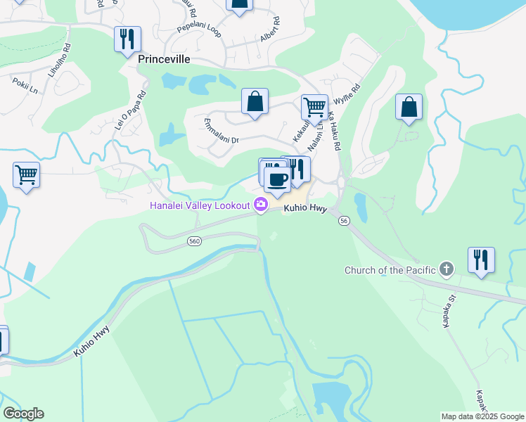 map of restaurants, bars, coffee shops, grocery stores, and more near Hawaii 560 in Princeville