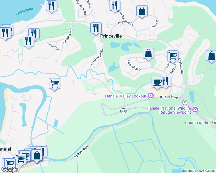map of restaurants, bars, coffee shops, grocery stores, and more near 4800 Hanalei Plantation Road in Princeville