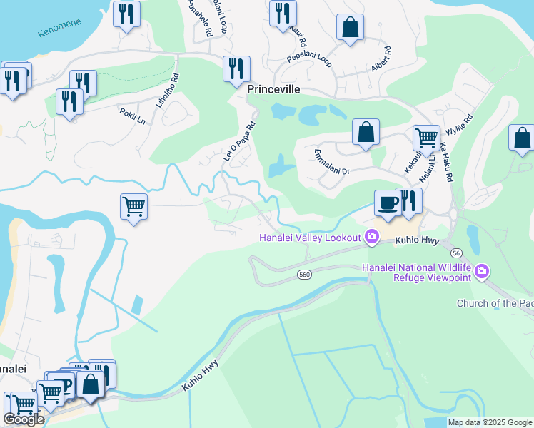 map of restaurants, bars, coffee shops, grocery stores, and more near 4800 Hanalei Plantation Road in Princeville