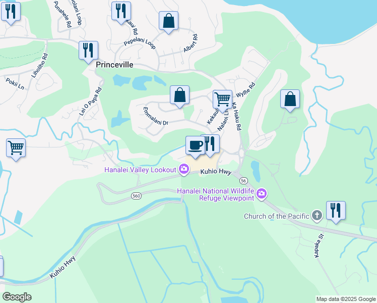 map of restaurants, bars, coffee shops, grocery stores, and more near 4234 Wailea Place in Princeville