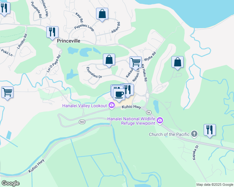 map of restaurants, bars, coffee shops, grocery stores, and more near 4234 Wailea Place in Princeville