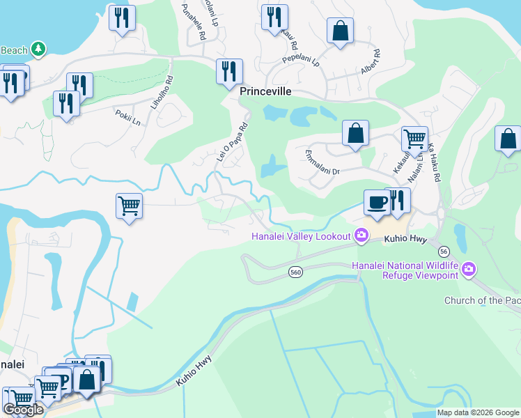 map of restaurants, bars, coffee shops, grocery stores, and more near 4800 Hanalei Plantation Road in Princeville