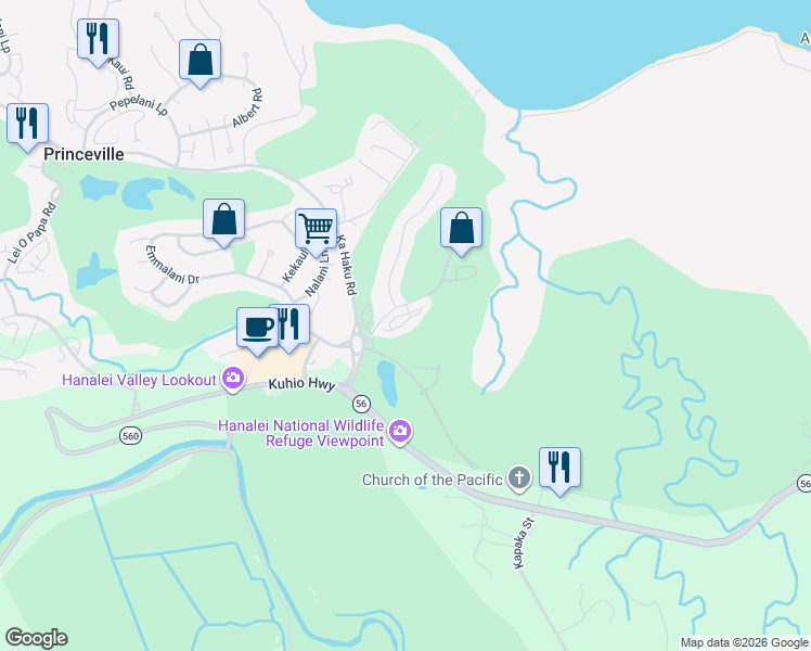 map of restaurants, bars, coffee shops, grocery stores, and more near 4141 Queen Emma's Drive in Princeville