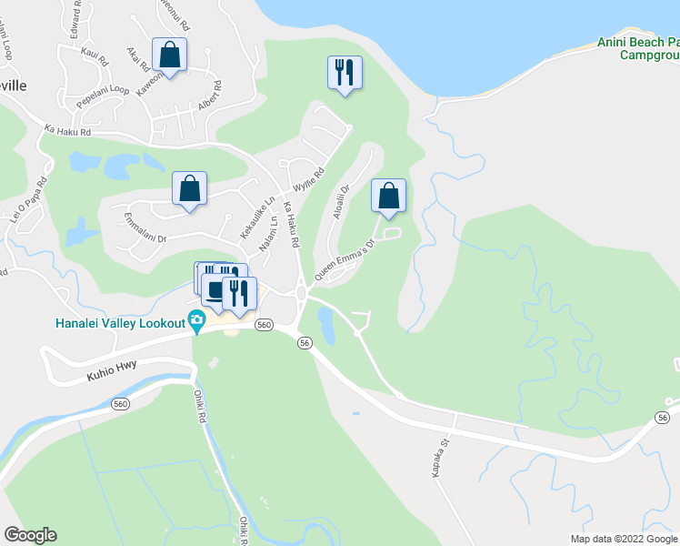 map of restaurants, bars, coffee shops, grocery stores, and more near 4141 Queen Emma's Drive in Princeville