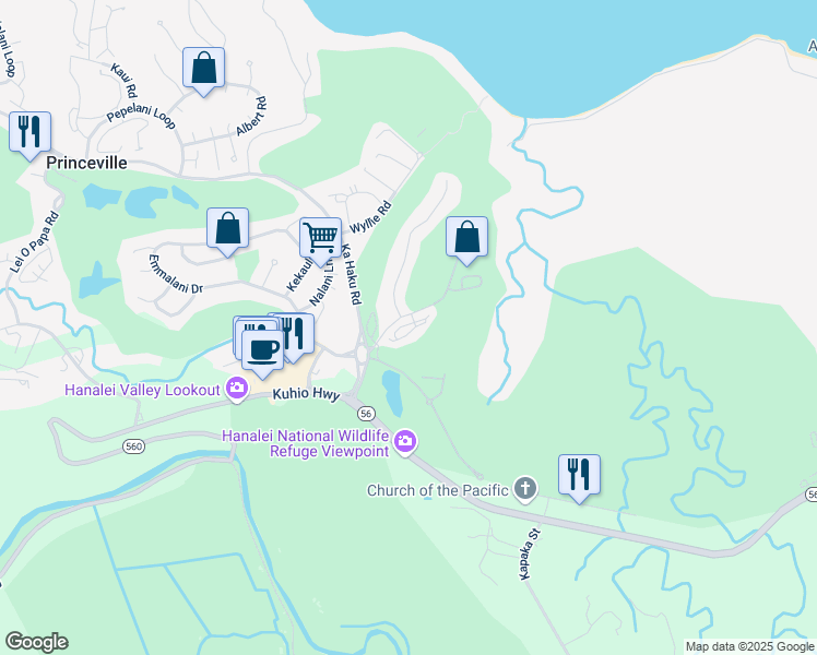 map of restaurants, bars, coffee shops, grocery stores, and more near 4141 Queen Emma's Drive in Princeville
