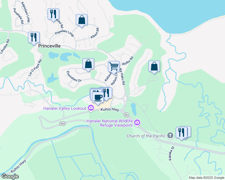 map of restaurants, bars, coffee shops, grocery stores, and more near 4000 Kaikio Ewa Place in Princeville