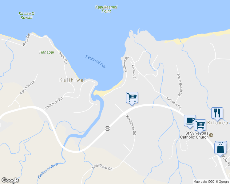 map of restaurants, bars, coffee shops, grocery stores, and more near 3077 Kalihiwai Road in Kilauea