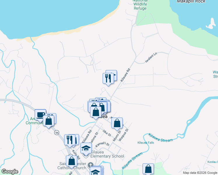 map of restaurants, bars, coffee shops, grocery stores, and more near 2671 Kauapea Road in Kilauea