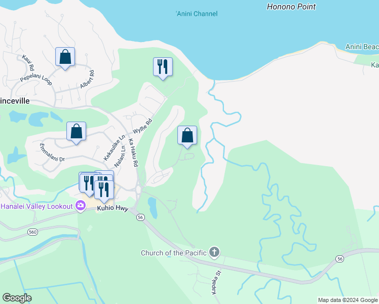map of restaurants, bars, coffee shops, grocery stores, and more near 4100 Queen Emma's Drive in Princeville