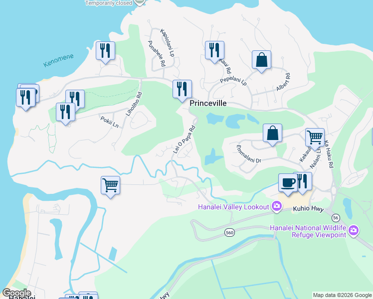 map of restaurants, bars, coffee shops, grocery stores, and more near 4141 Lei O Papa Road in Princeville