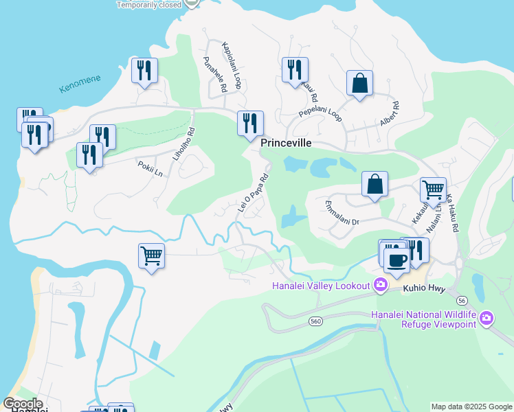 map of restaurants, bars, coffee shops, grocery stores, and more near 4141 Lei O Papa Road in Princeville