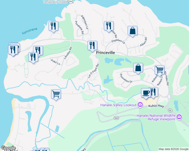 map of restaurants, bars, coffee shops, grocery stores, and more near 4141 Lei O Papa Road in Princeville