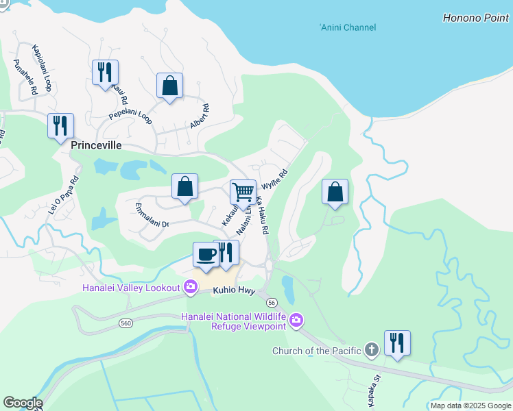 map of restaurants, bars, coffee shops, grocery stores, and more near 4031 Kawaiala Place in Princeville