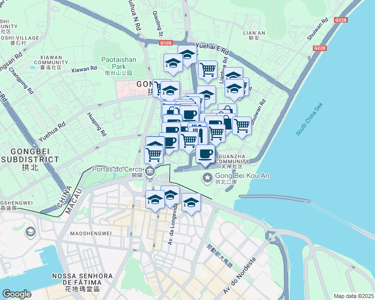 map of restaurants, bars, coffee shops, grocery stores, and more near Wei Ji Lu in Zhu Hai Shi