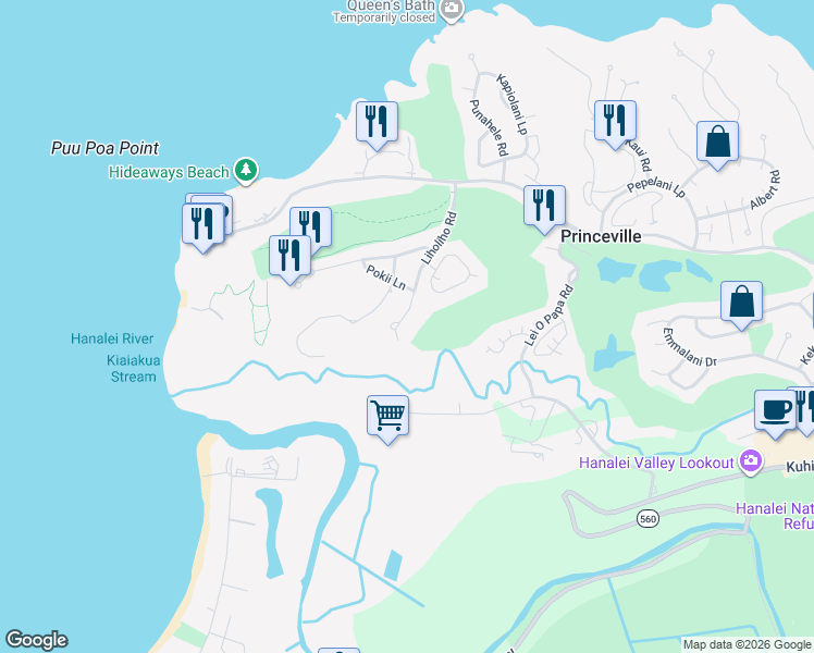 map of restaurants, bars, coffee shops, grocery stores, and more near 4197 Liholiho Road in Princeville