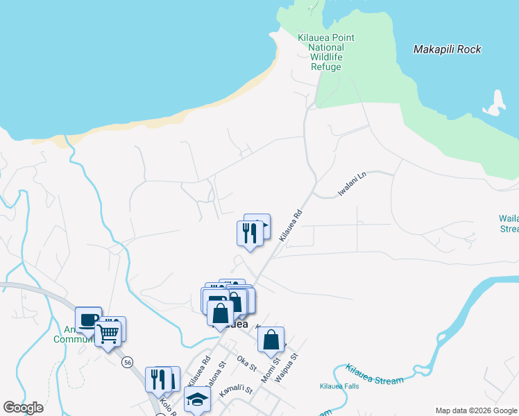 map of restaurants, bars, coffee shops, grocery stores, and more near 2671 Kauapea Road in Kilauea
