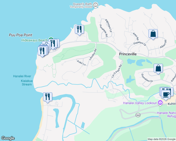 map of restaurants, bars, coffee shops, grocery stores, and more near 4197 Liholiho Road in Princeville
