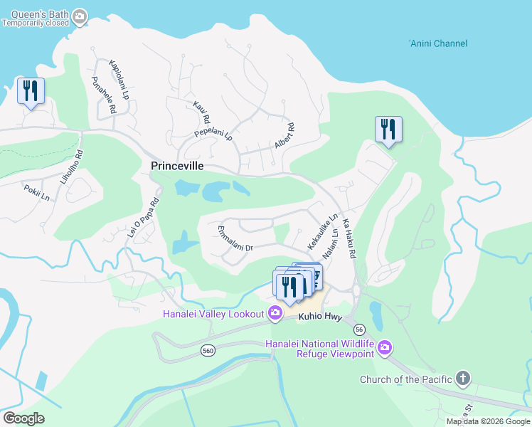 map of restaurants, bars, coffee shops, grocery stores, and more near 4929 Emmalani Drive in Princeville