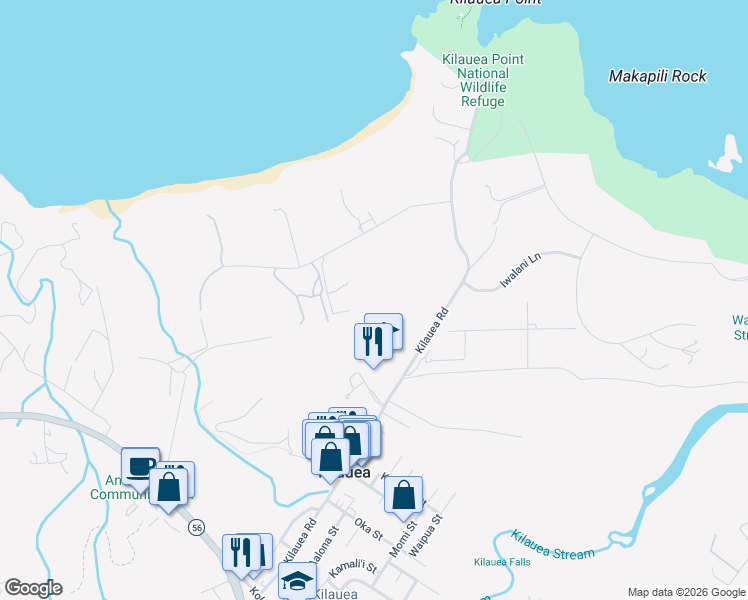 map of restaurants, bars, coffee shops, grocery stores, and more near 2671 Kauapea Rd in Kilauea