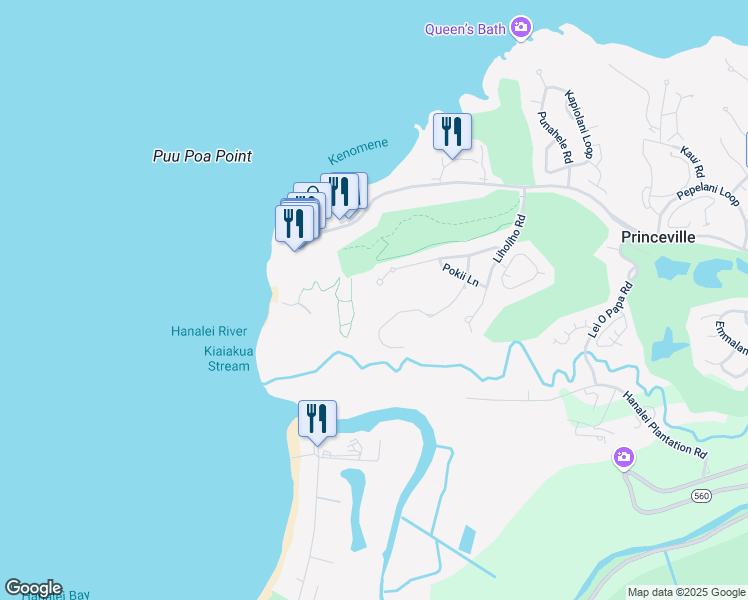 map of restaurants, bars, coffee shops, grocery stores, and more near 5380 Honoiki Road in Princeville