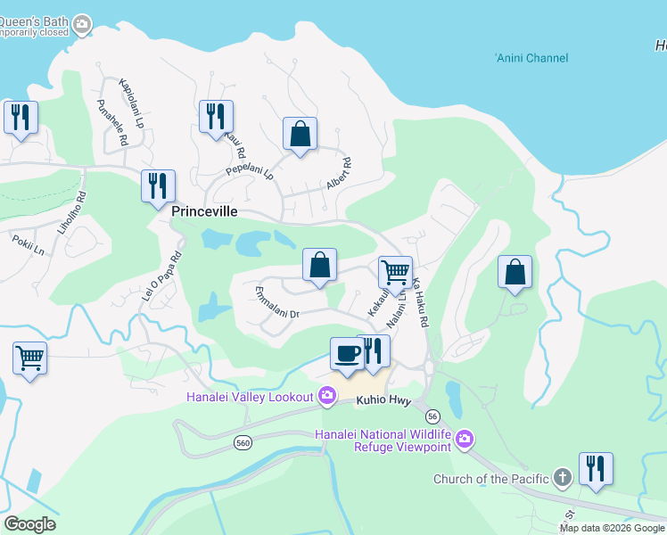 map of restaurants, bars, coffee shops, grocery stores, and more near 4929 Emmalani Drive in Princeville