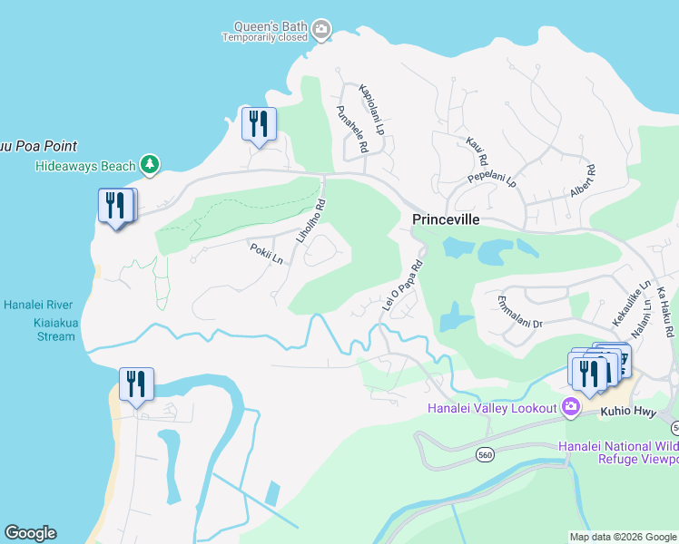 map of restaurants, bars, coffee shops, grocery stores, and more near in Princeville