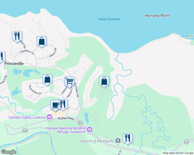map of restaurants, bars, coffee shops, grocery stores, and more near 4001 Aloalii Drive in Princeville